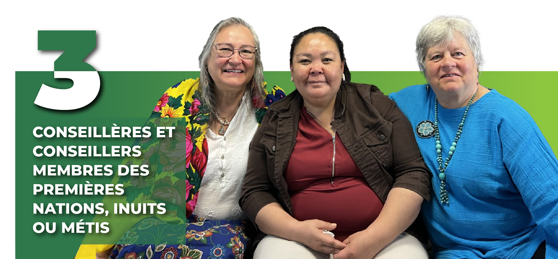 Image montrant trois conseillères souriantes : Lea Bill, conseillère membre des Premières Nations; Lily Amagoalik, conseillère inuite; et Susie Hooper, conseillère métisse. Elles sont assises ensemble devant un arrière-plan blanc et vert. Le chiffre « 6 », vert, apparaît en gras au-dessus du texte suivant, écrit plus petit : « conseillères et conseillers membres des Premières Nations, inuits ou métis ».